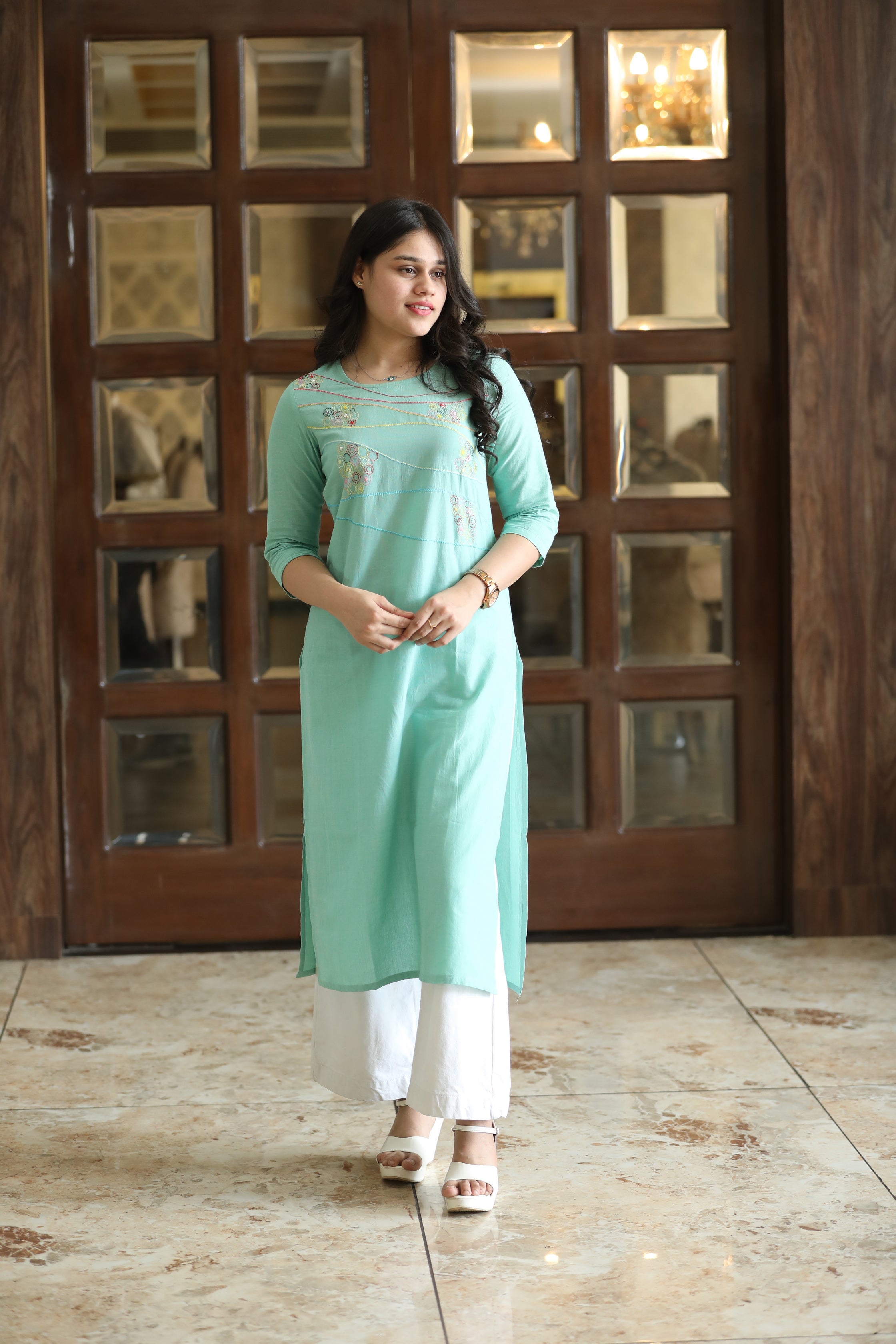 Blueish Hand Painted Organza Suit - Absolutely Desi
